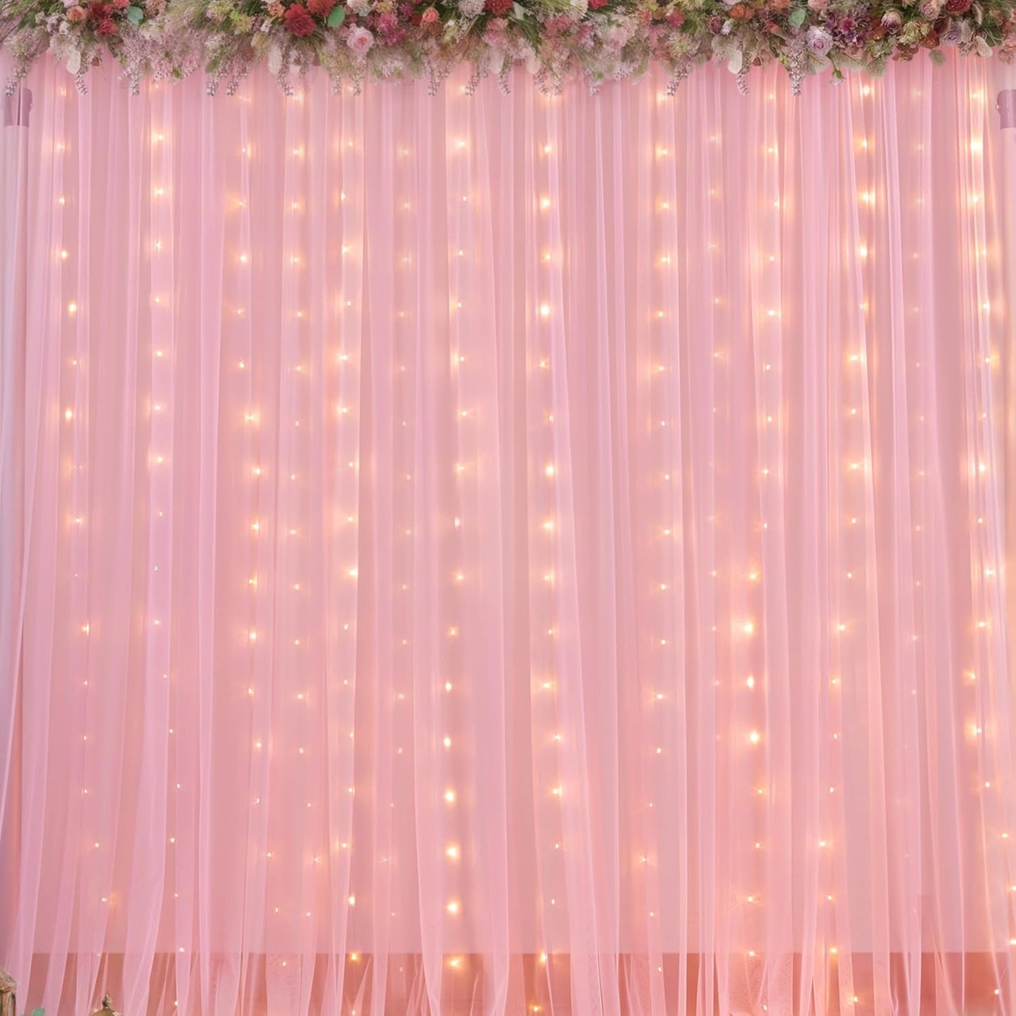 Sheer Backdrop Curtains with Lights String for Weddings Baby Showers, 20x8ft Sheer Tulle Photo Backdrop Curtains for Birthday Party Photography Background Decoration, Pink