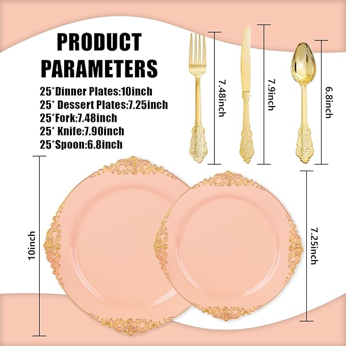 125PCS Peachy Pink Plastic Plates - Elegant Pink and Gold Dinnerware Set - Heavy Duty Disposable Plates with Gold Silverware Sets for 25 Guests for Wedding & Valentine's Day & Bridal Shower