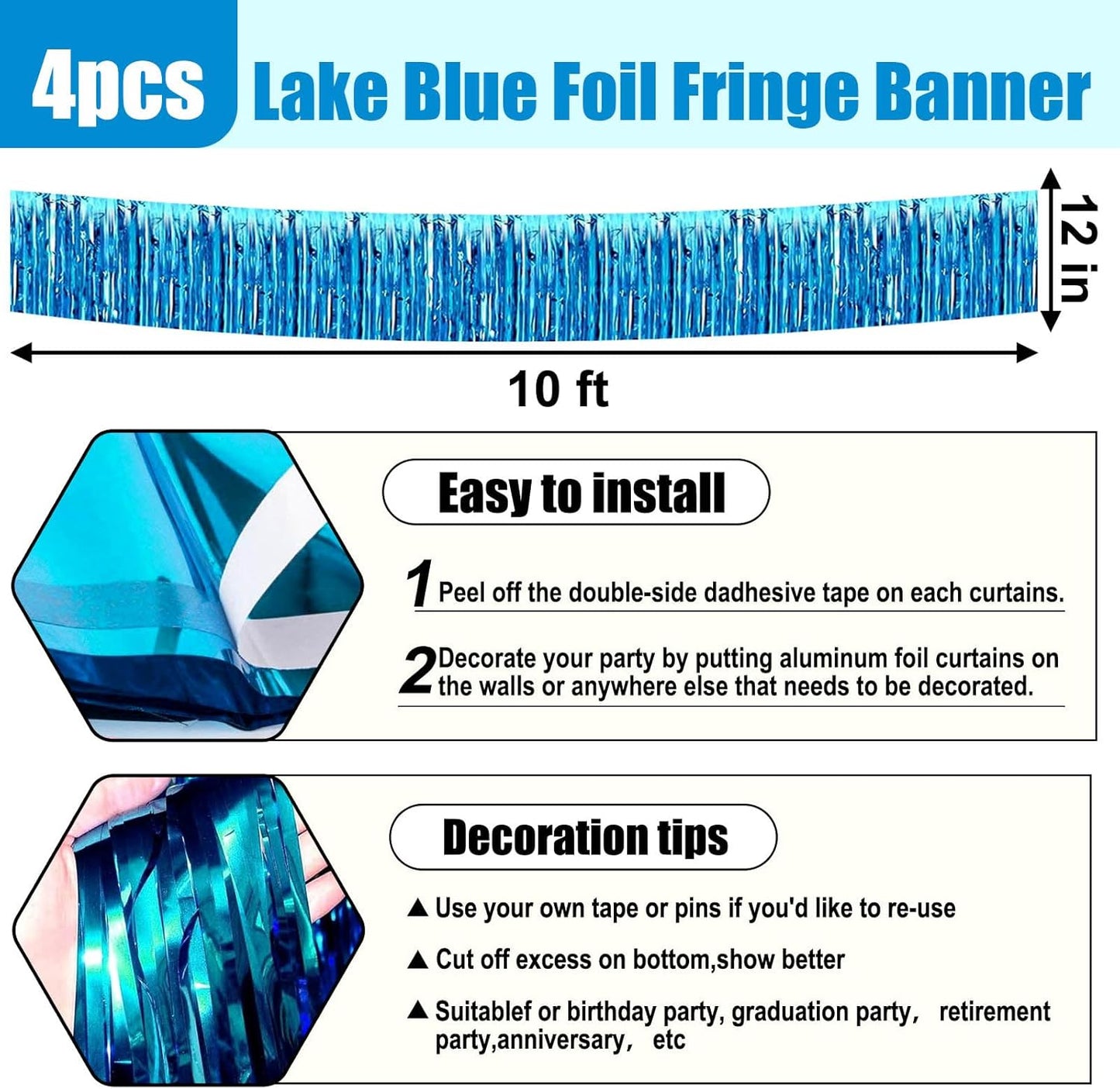 4 Pack 10 Feet Lake Blue Foil Fringe Garland Metallic Tinsel Streamers Banner Wall Hanging Curtain Backdrop for Parade Floats, Wedding, Graduate, Mother's Day, Birthday Party Decoration