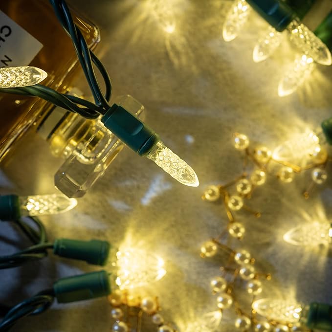 YULETIME Warm White One-Piece Faceted Christmas Lights 100 Count 33 Feet, High Waterproof UL Certified M6 String Light (Warm White)