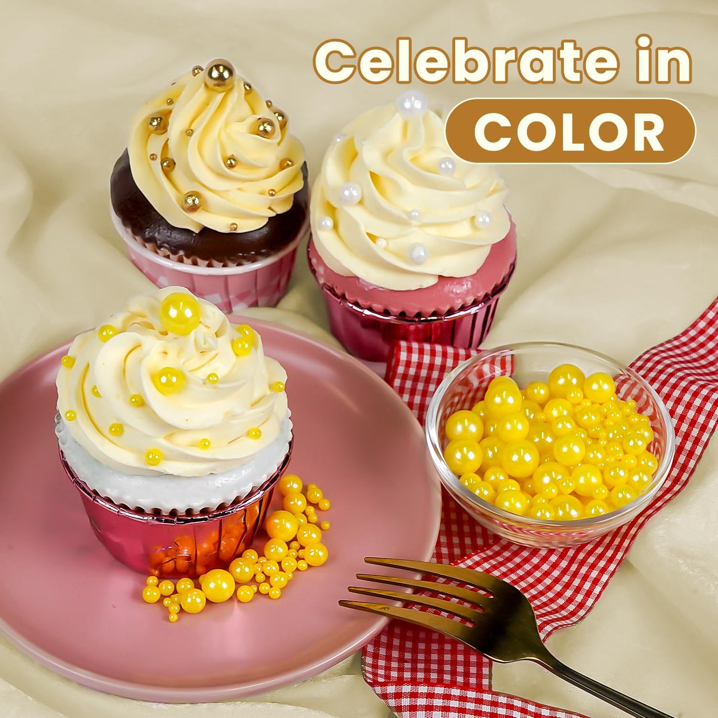 Yellow Pearl Sprinkles, Edible Sugar Pearls for Cake Decorating, 180g/6.35oz, Mix Size, Cake Decorations, Cupcake Toppers, Ice Cream Toppings, Wedding Party Supplies