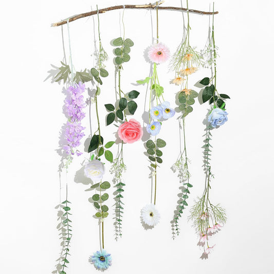Hoteam 26 Pcs Pcs DIY Flower Garland Artificial Hanging Wildflower Backdrop Set Fake Rose Eucalyptus Daisy Poppy Wild Flower Decor for Wedding Party Birthday Home Garden (White,Blue,Pink)