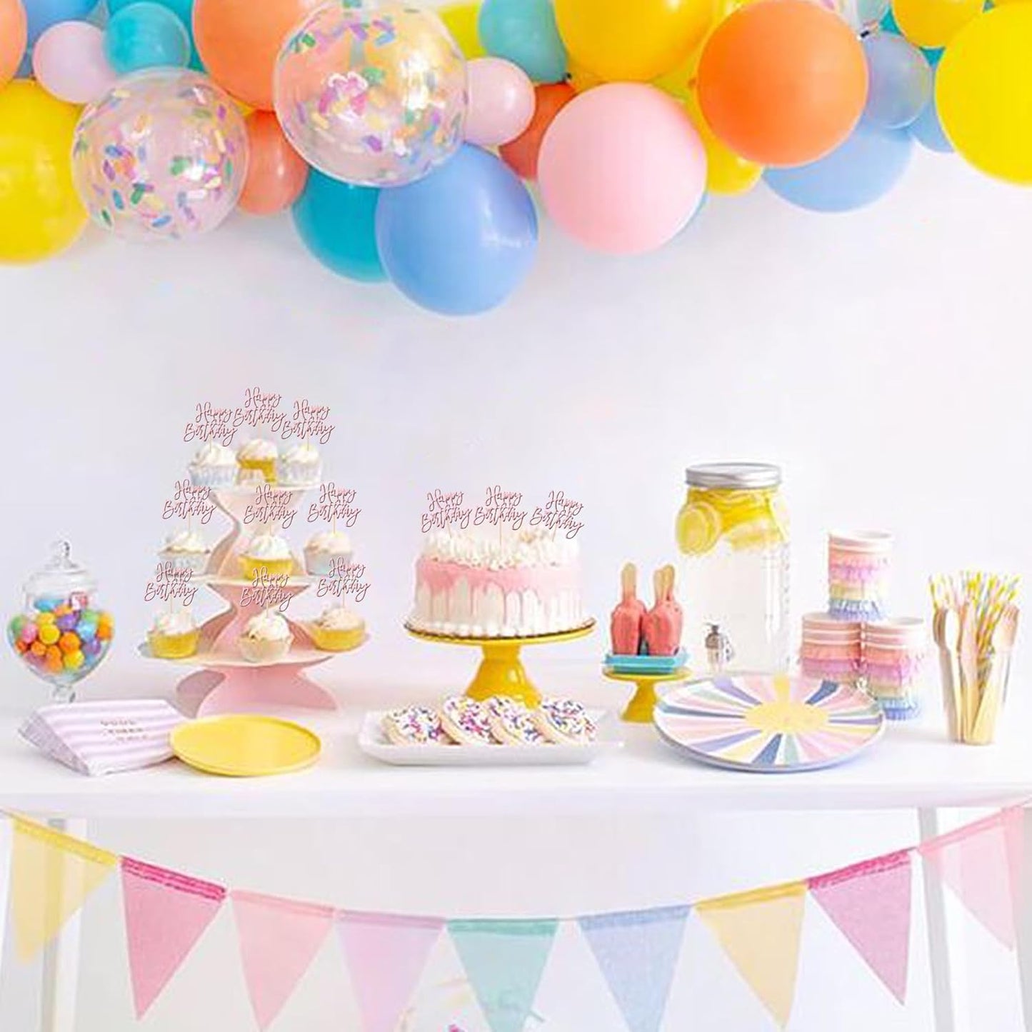 24 PCS Happy Birthday Cupcake Toppers Glitter Picks for Celebrating Anniversary Theme Party Cake Decorations Supplies Light Pink
