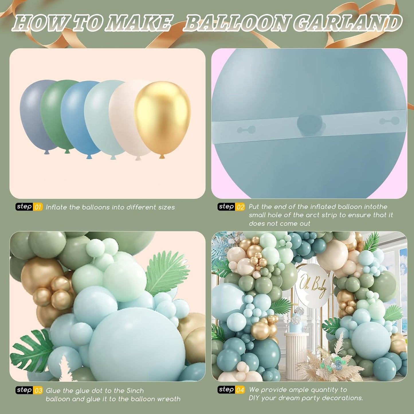 412Pcs Dusty Blue Green Balloon Garland Arch Kit,Haze Fog Blue Ash Mist Sage Green Sand White Gold Balloons Different Sizes Matte Latex Balloons for Baby Shower Birthday Wedding Party Decorations