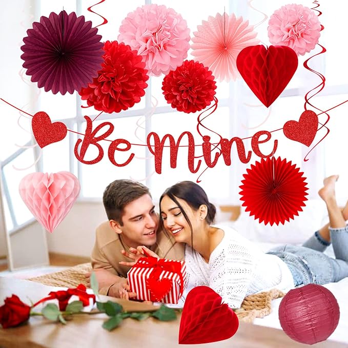 Pink-Red Burgundy Valentines-Day Galentines Party-Decorations - 22pcs Be Mine Love Banner,Paper Lanterns Honeycomb Balls,Tissue Pom Poms Flowers Fans,Happy Anniversary Decor Supplies Hugmoon