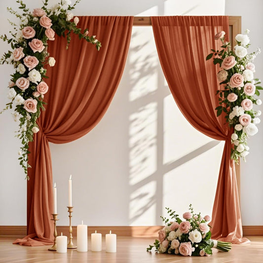 MLMW Fall Wedding Arch Draping Fabric 2 Panels 29" x 20Ft Burnt Orange Terracotta Sheer Wedding Arch Backdrop Drapes Outdoor Curtain for Thanksgiving Ceremony Party Background Ceiling Decor