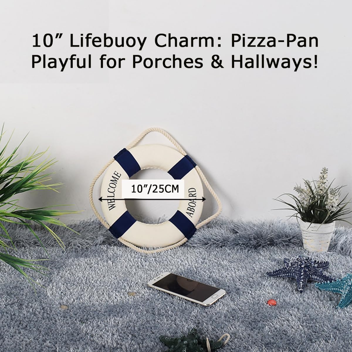 MorroMorn Lifebuoy Wall Hanging Decor - Welcome Aboard Mediterranean Style Home Decoration (Navy, 10")