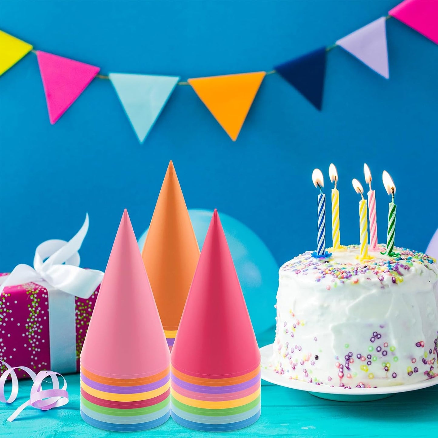 24 PCS Birthday Party Cone Hats Party Hat with Elastic String for Kids and Adults Birthday, Baby Shower, Bridal Shower