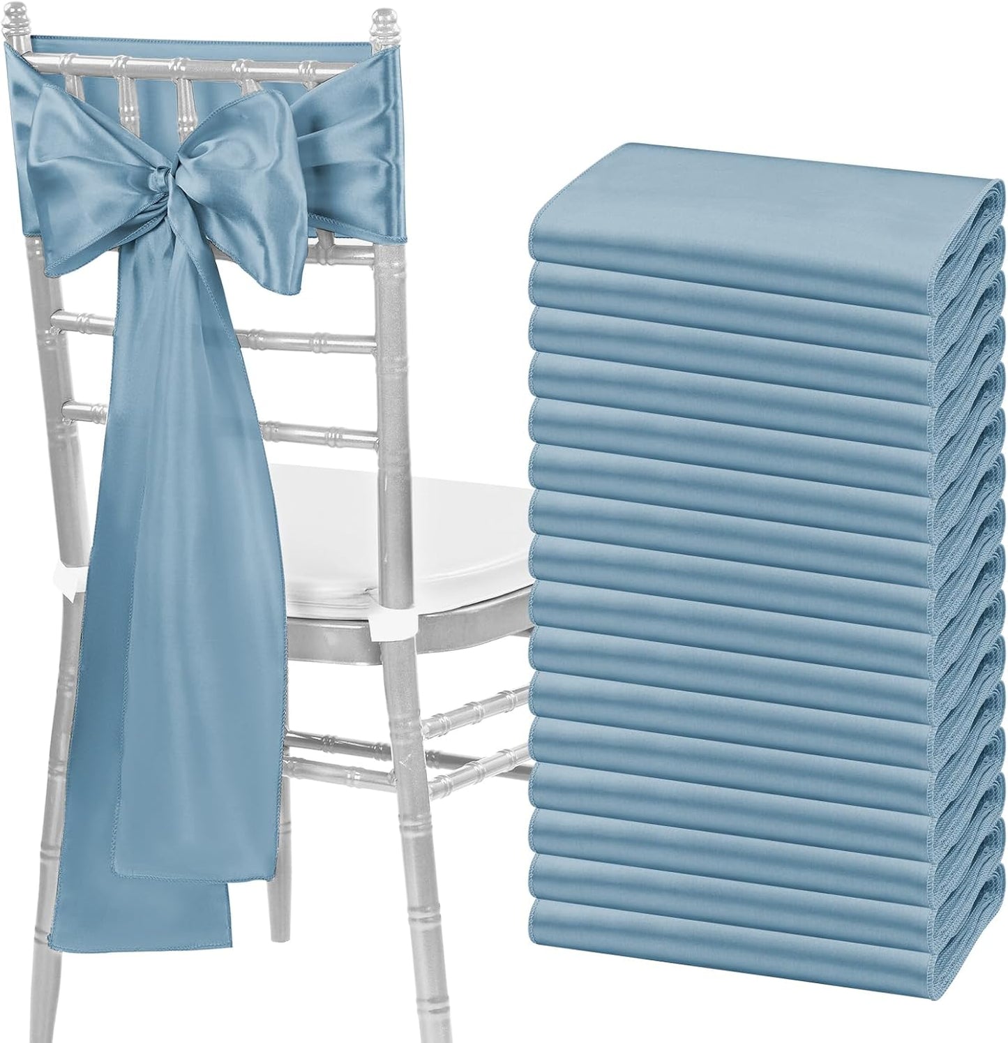 fani 60 PCS Dusty Blue Satin Chair Sashes Bows Universal Chair Cover for Wedding Reception Restaurant Event Decoration Banquet,Party,Hotel Event Decorations (7 x 108 inch)
