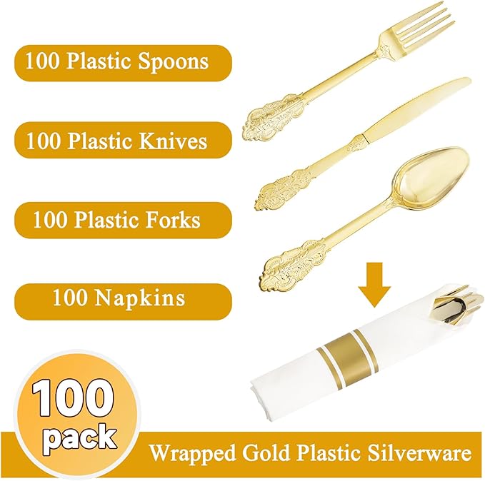 Nervure 400PCS Pre Rolled Gold Plastic Silverware Sets - Heavy Duty Fancy Gold Cutlery - Include 100 Pack Wrapped Disposable Utensils with Napkins for Parties, Dinners & Weddings