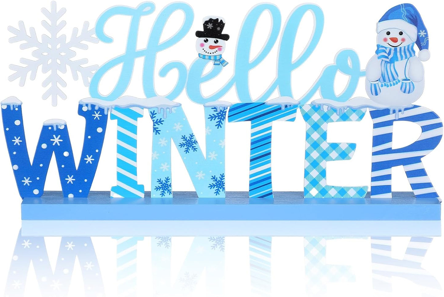Winter Metal Sign Hello Winter Table Decor Christmas Tiered Tray Decor with Wooden Base Metal Blue and White Snowman Snowflake for Xmas Home Tabletop Centerpiece Mantel Shelf Fireplace