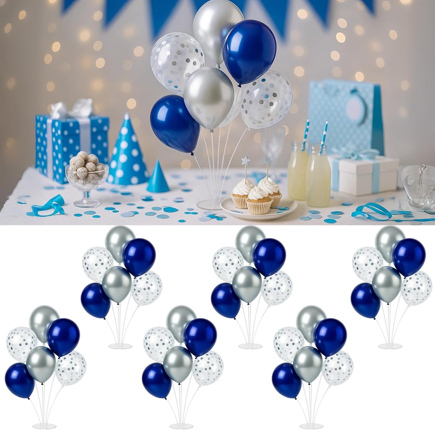 6pcs Balloon Stands Kit Table Centerpiece Table Decorations for Anniversary Birthday Wedding Graduation Retirement Party Decorations (Silver Navy)