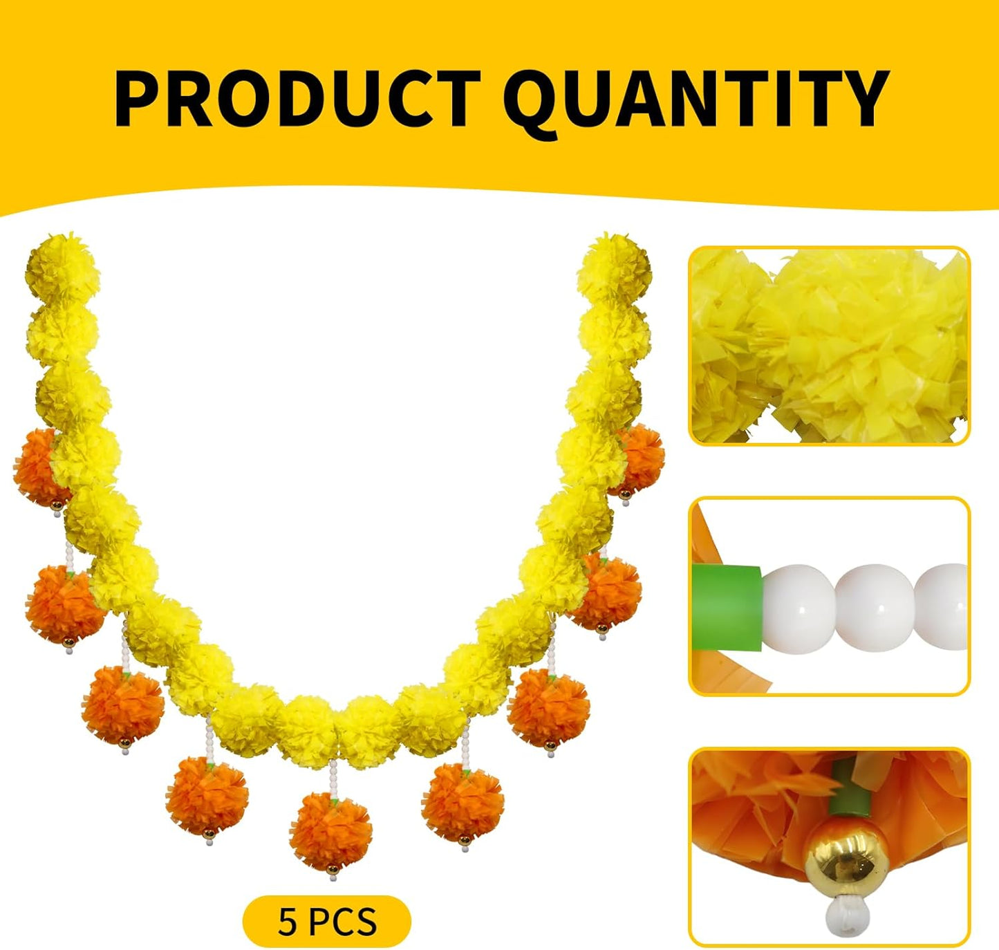 5 Pcs Marigold Garland Diwali Decor Artificial Flowers, 4.5 Feet Artificial Marigold Flowers for Indian Pooja Diwali Home Mantle Decor Wedding Decoration for All Year Decoration (Yellow＆Orange)