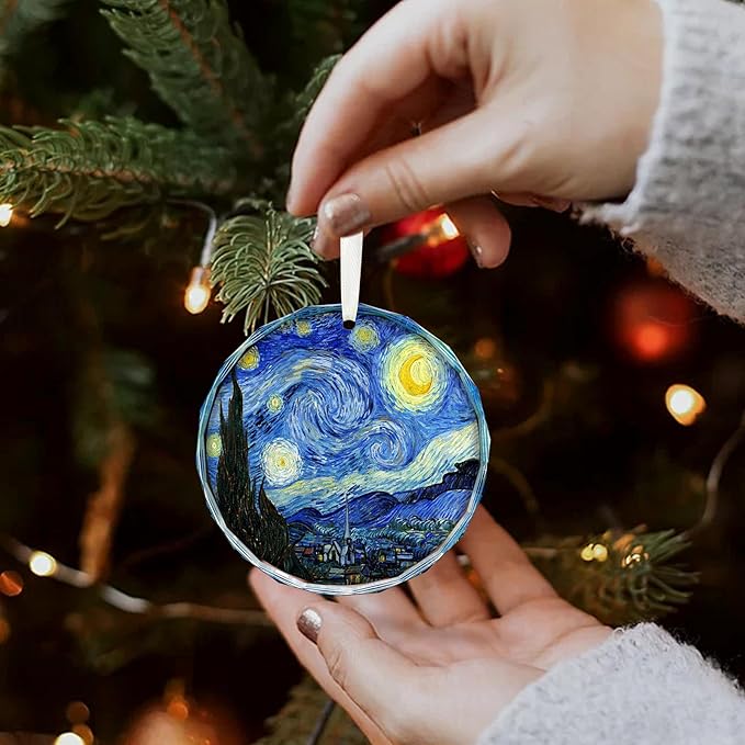 Starry Night Christmas Ornaments, Christmas Ornaments Starry Night Glass Ornament – Art Ornaments for Christmas Tree Inspired by Van Gogh, Elegant Crystal Artist Ornament for Tree