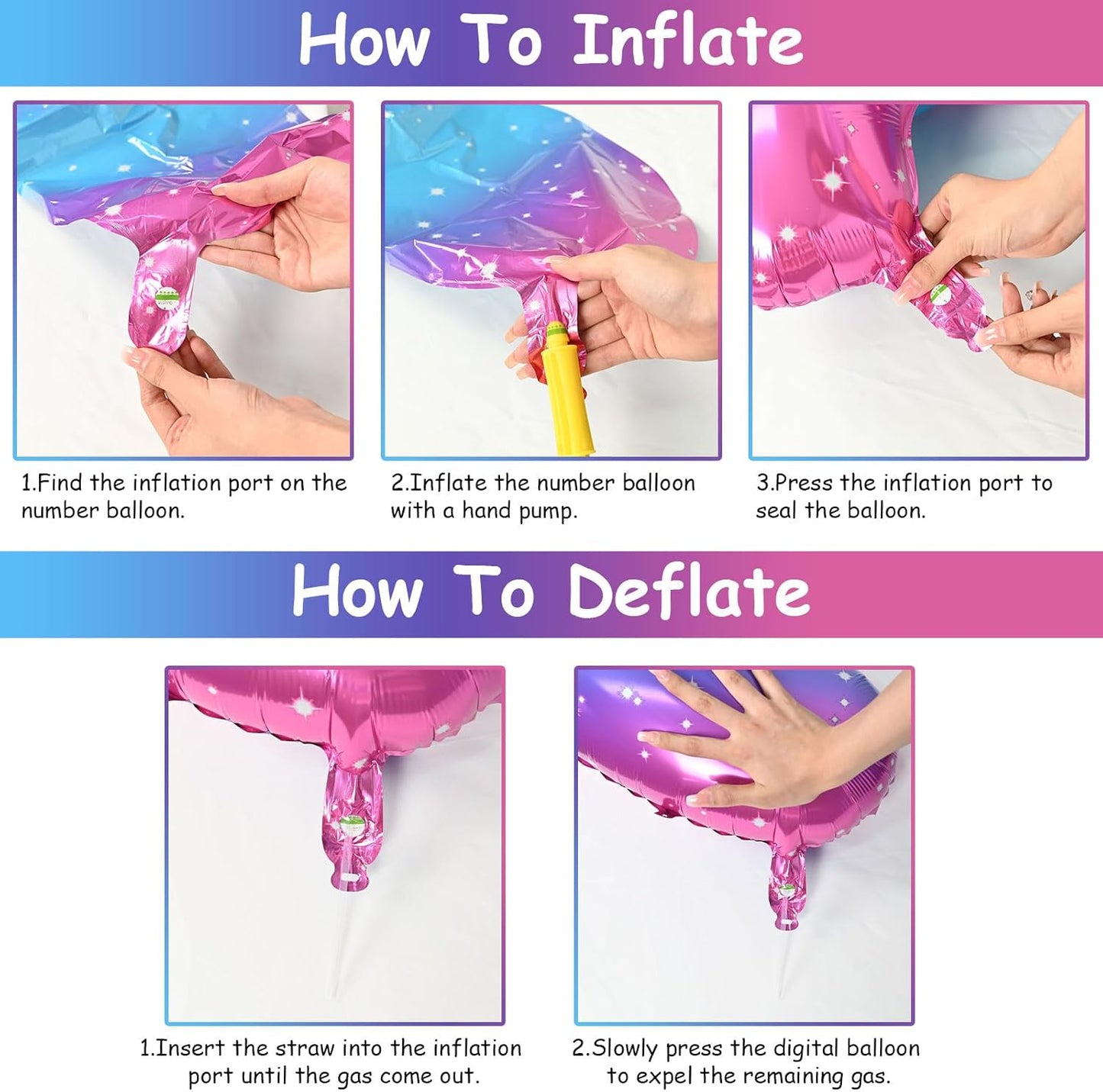 Gradient Rainbow 4 Balloons, 40 Inch Large Blue Pink Purple Foil Number Balloons Set 0-9, Self Inflating Starry Digital 4 Helium Balloon for Girls Women Birthday Anniversary Party Decorations Supplies