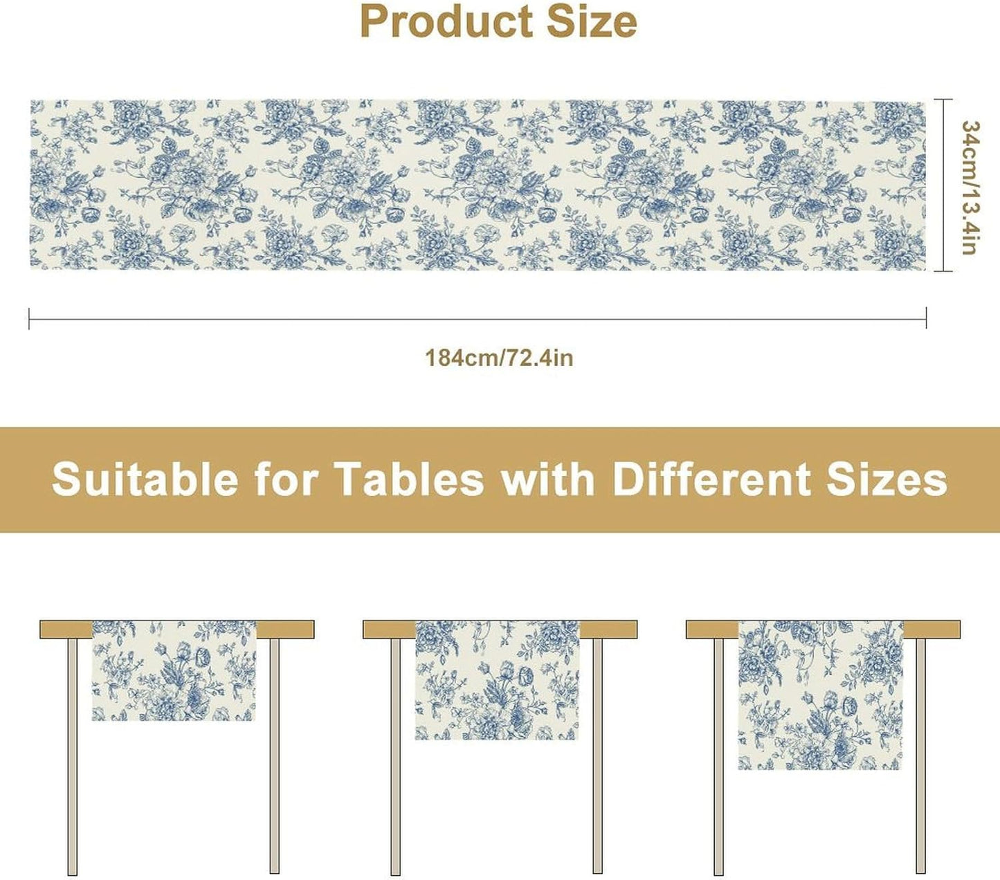Floral Table Runner, Retro Blue Flower Chinoiserie Sketch Pattern Print Table Runner for Kitchen Dinning Table Runner Decor Home Wedding Party Holiday, 13x60 Inch