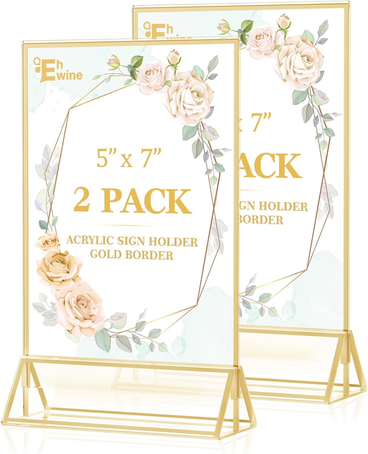 EHWINE 2 Pack Acrylic Sign Holder 5 x 7, Double Sided Gold Picture Frame Stand up Table Top Sign Holders, Clear Display Stand Menu Flyer Holder for Wedding Party
