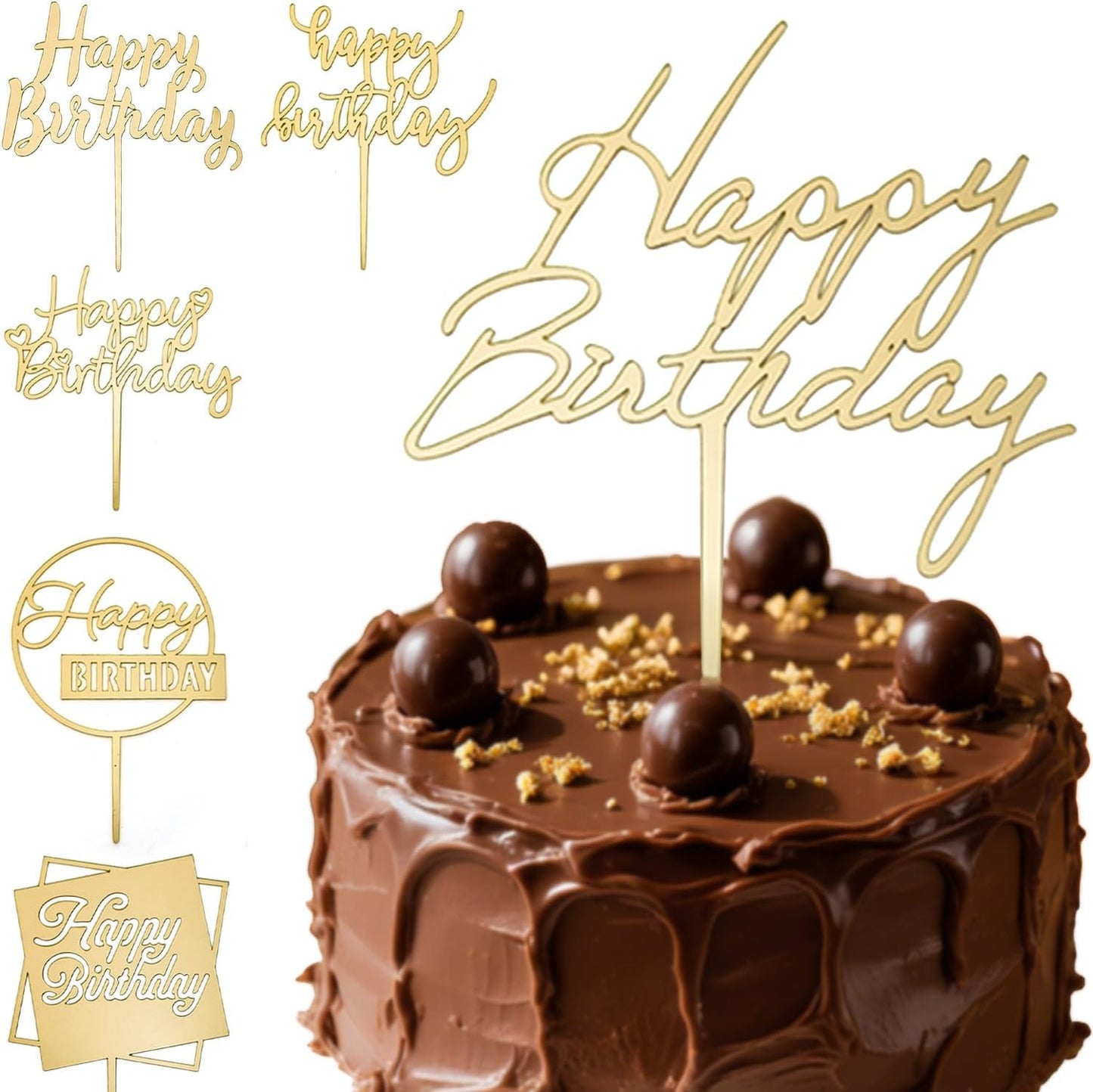 6-Pack Acrylic Birthday Cake Toppers, Minimalist Gold Happy Birthday Sign for Cake Decorations