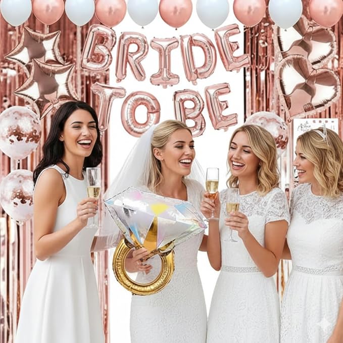 Bachelorette Party Decorations – 82 PCS Rose Gold Bride to Be Set with Foil Balloons, Confetti Balloons, Photo Props, Bride Sash, Veil, Champagne Balloon & Foil Curtain for Bridal Shower