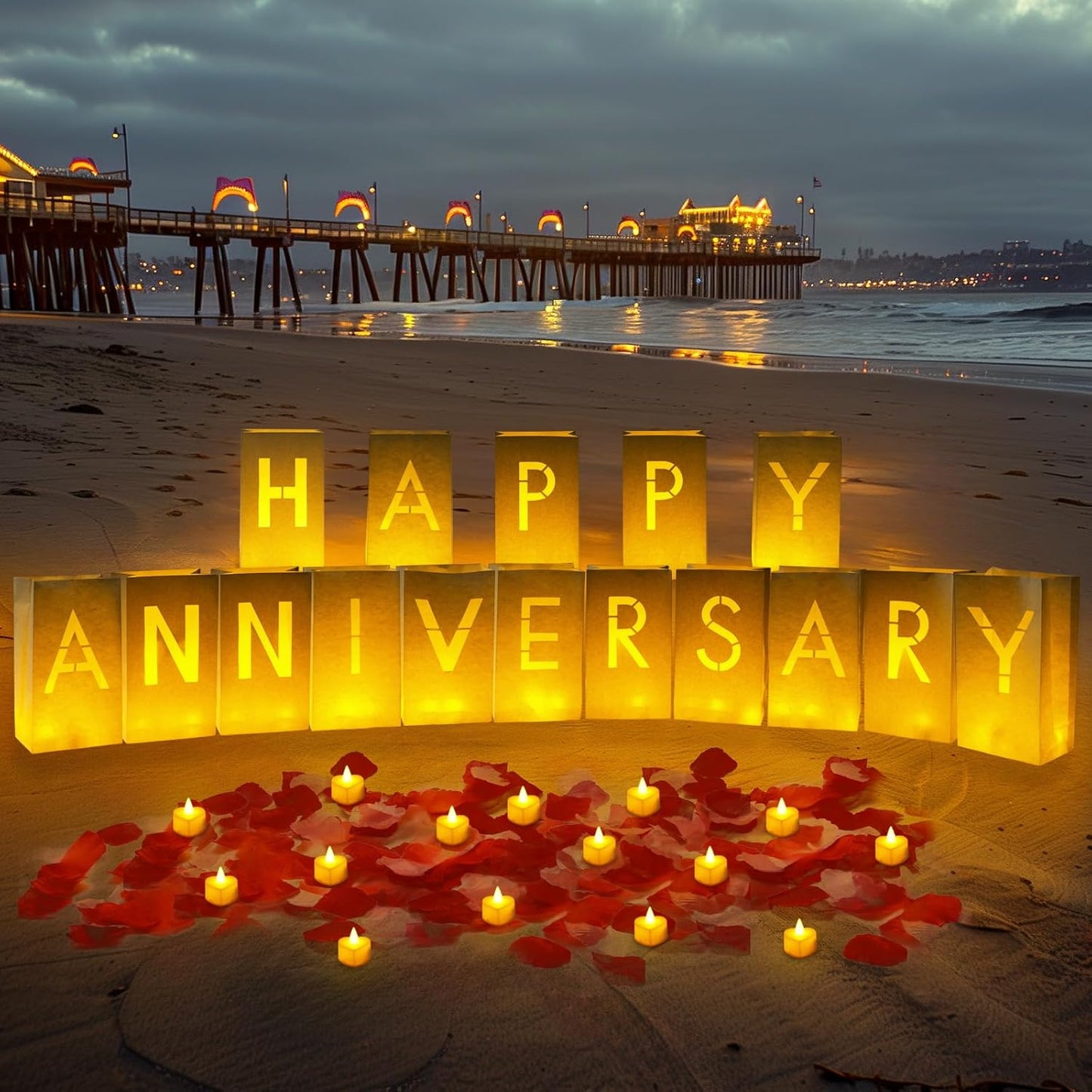 Homemory Happy Anniversary Decoration Light Up Letters with Flameless Candles and Fake Rose Petals, Valentine's Day Luminary Bags Happy Anniversary Sign Romantic Party Decor for Wedding