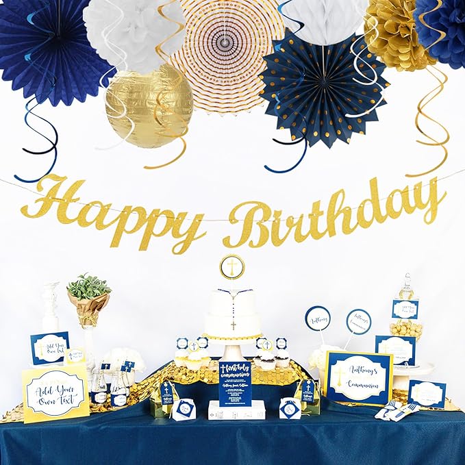 Navy-Blue White Gold Birthday Party-decorations - 21pcs Men Boys Adult Happy Banner Garland, Royal Paper Streamers Lanterns,Flower Tissue Pom Poms Fan Supplies, Wall Backdrop Decor Huglony