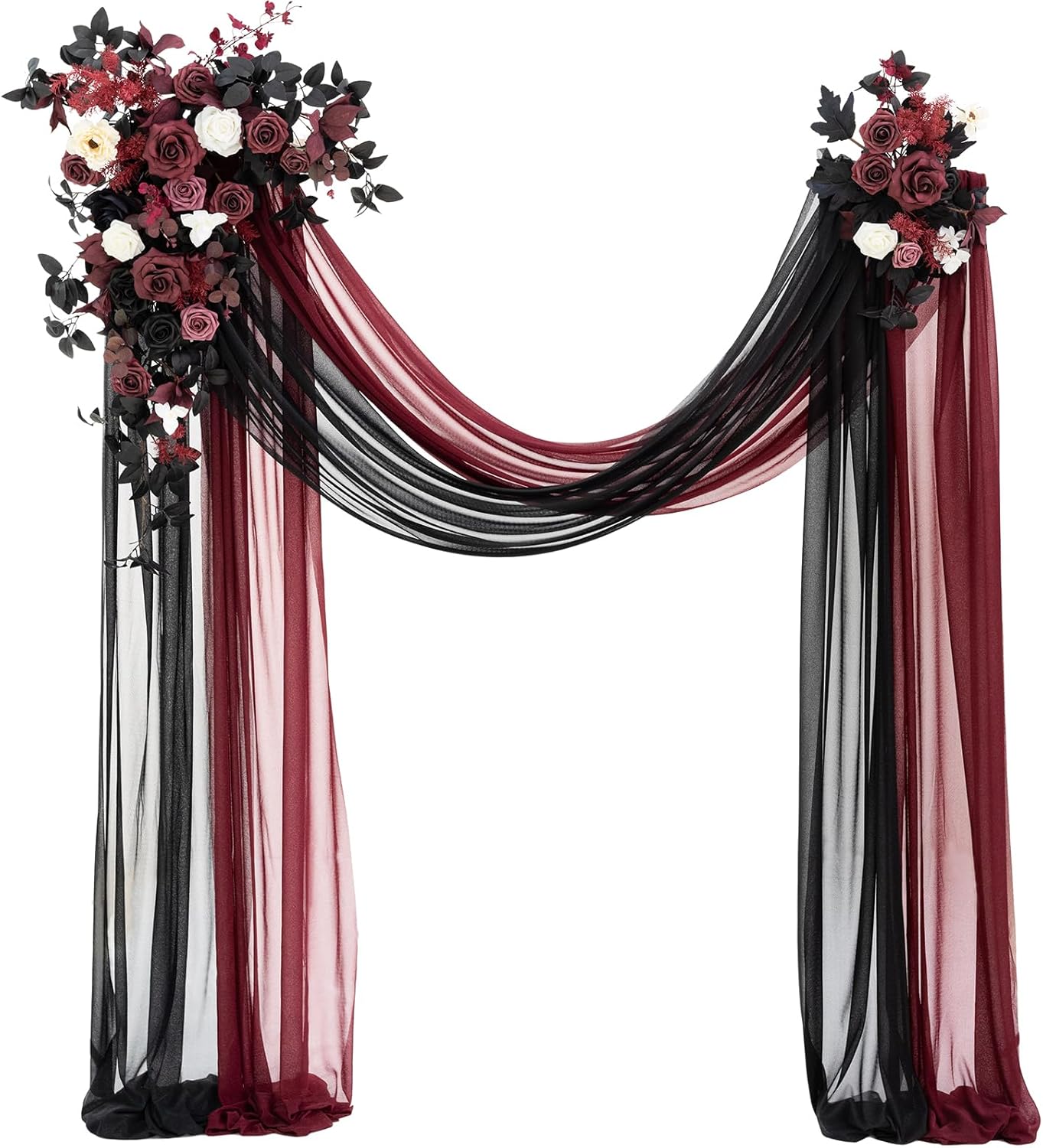 Ling's moment Black Red Artificial Wedding Arch Flowers Kit Pack of 4, 2pcs Hanging Flower Arrangement 2pcs Chiffon Drapes Ceremony Reception Fake Rose Arbor Backdrop Floral Party Outdoor Decorations