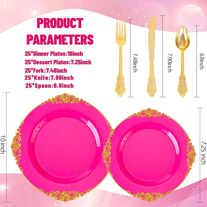 125PCS Hot Pink Plastic Plates - Pink Disposable Plate - Elegant Party Plates with Gold Plastic Silverware Sets for 25 Guests for Valentine's Day Party & Birthday & Baby Shower