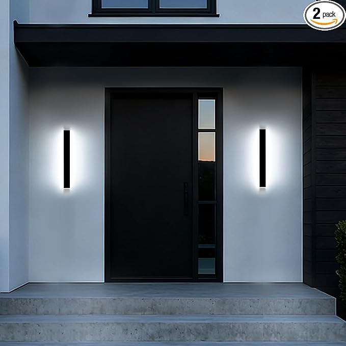 2 Pack Modern Outdoor Lights, 24in Exterior Wall Light Fixtures, Dimmable LED Porch Lights Outdoor Waterproof, Black Long Strip Wall Sconce for House Garage