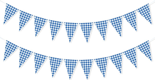 2 Pieces Blue Checkered Flags Banner, Double Sided Blue and White Gingham Bunting Garland for Summer BBQ Picnic Wedding Baby Shower Birthday Party Decorations Supplies
