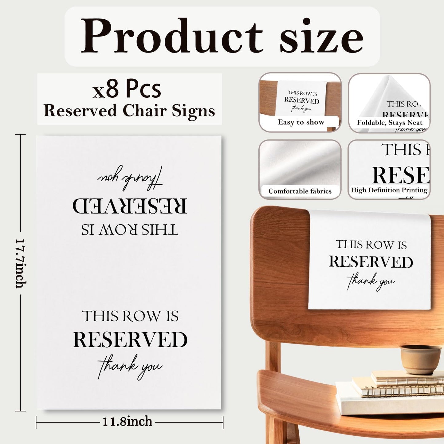 Reserved Seating Chair Signs, This Row Is Reserved Pew Cloths Seating Placeholder for Church Pews, Wedding Decorations for Reception Parties Celebrations Event Meetings (8 PCS, White)