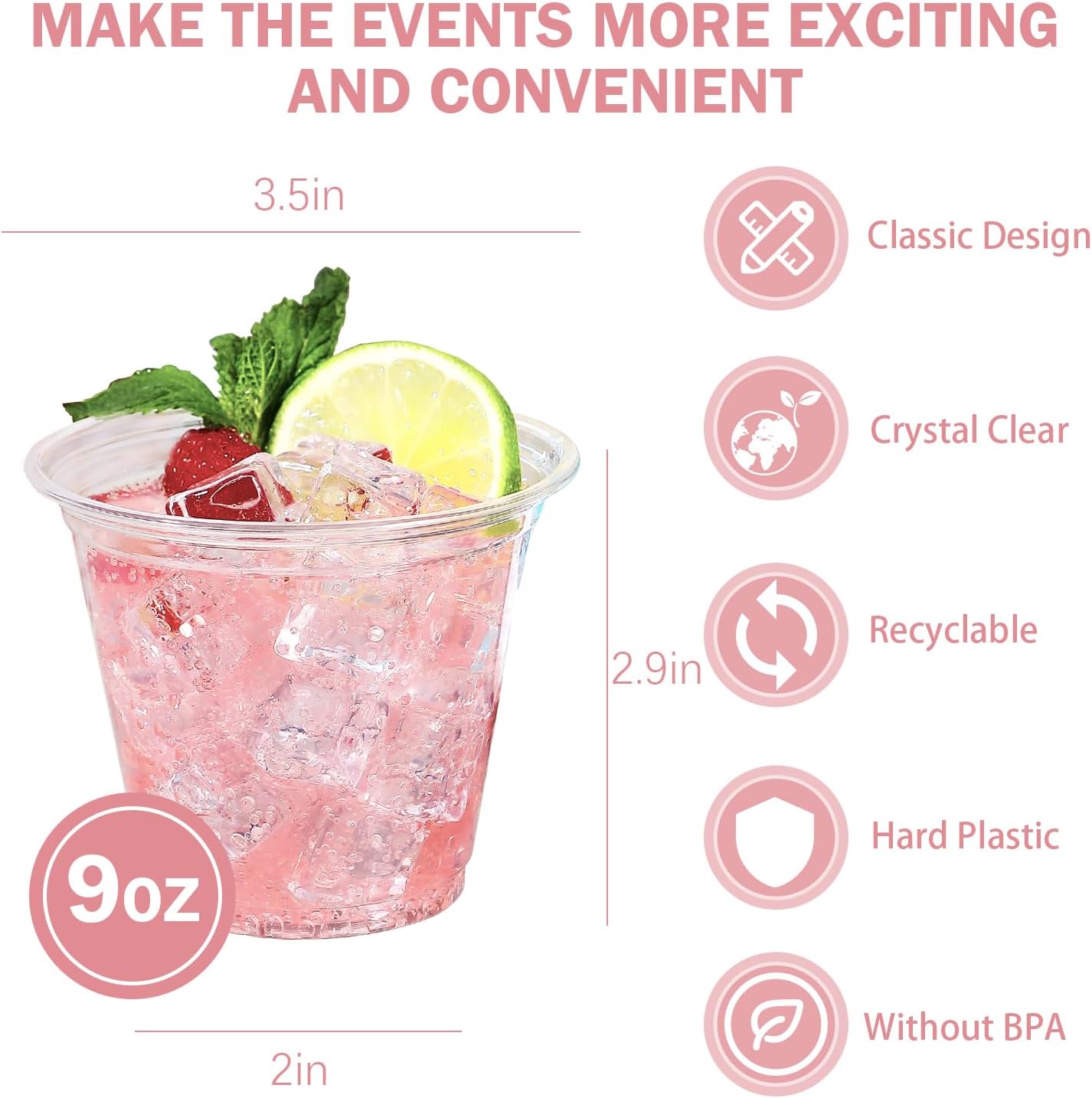 500 Pack 9 oz Clear Plastic Cups, Thickened Disposable Drink Clear Cups for Party, Higher Heat Resistance Drinking Cup for Wine, Juice, Fruit and Cold/Hot Beverages