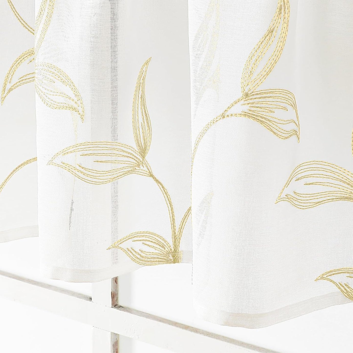 VISIONTEX White Sheer Voile Curtains, Decorative Leaves Embroidery Faux Linen Rod Pocket Window Drapes for Home Kitchen, Living Room and Bedroom 26 x 36 Inch, Set of 2 Curtain Panels