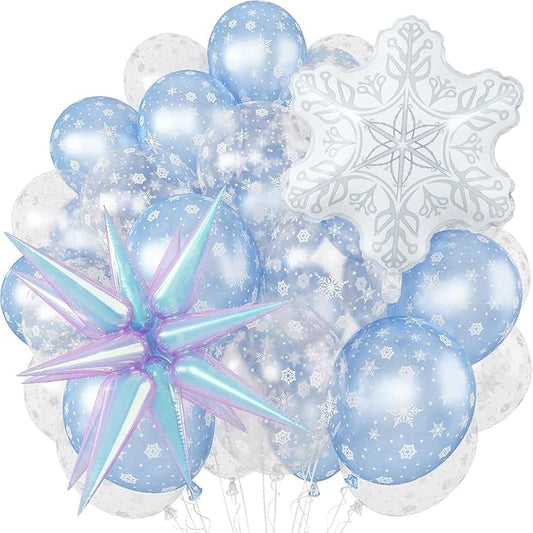 Snowflake Balloons Light Baby Pastel Blue and White Balloons Iridescent Star Balloon for Winter Wonderland Christmas Xmas Snow Baby Its Cold Outside Baby Shower Princess Birthday Party Decor