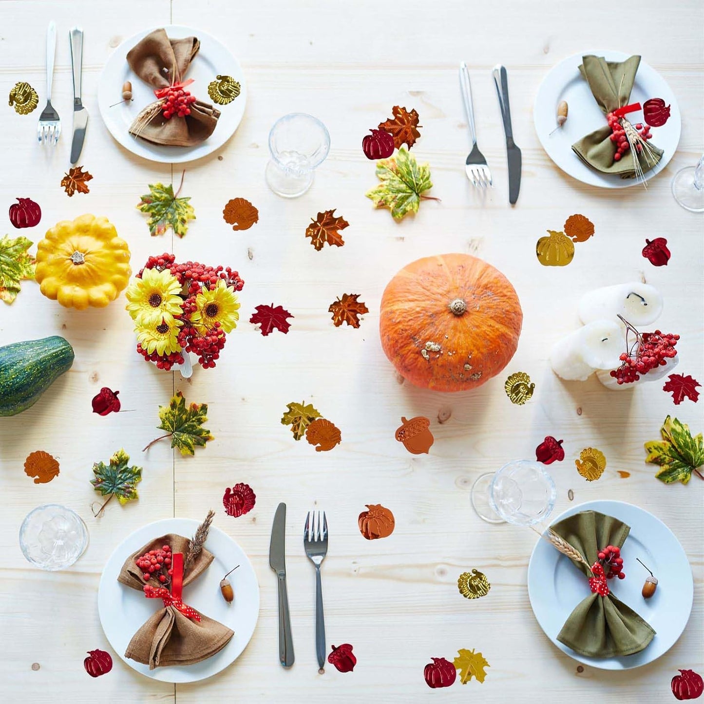 200 Pcs Fall Glitter Confetti - Autumn Foil, Thanksgiving Maple Leaves, Turkey, Pumpkin, Pinecones, Acorn Sprinkles for Table Decorations and Party Supplies 30g