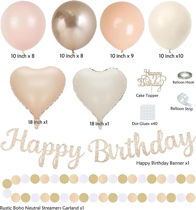 Champagne-Gold Beige Fall Boho Birthday Party Decorations 62pcs Happy Birthday Banner, Peach White Paper Lanterns, Streamers, Tissue Pom Poms, Blush Beige Boho Party Balloons, Rustic Backdrop Decor
