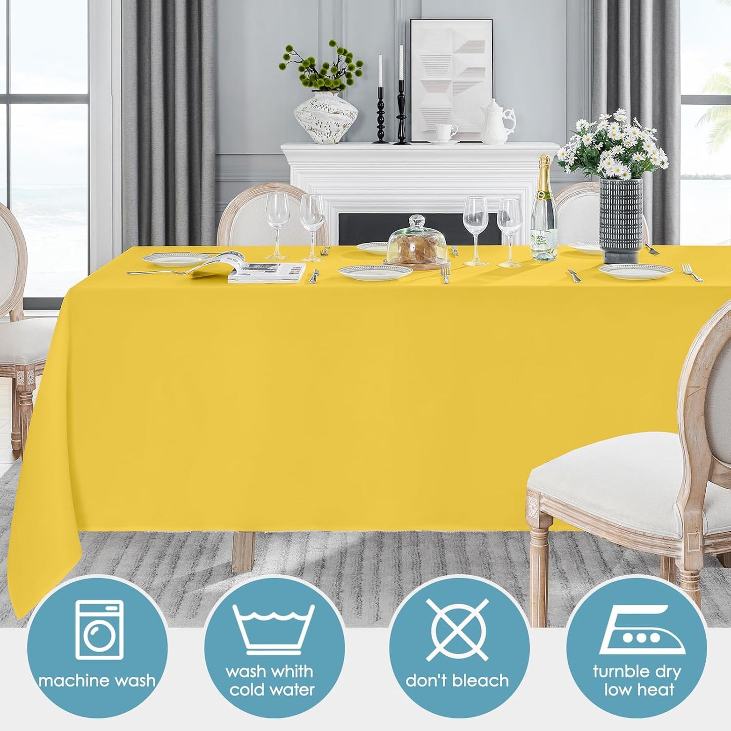 VidaFete Tablecloth 2 Pack 90 * 156inch Rectangle Table Cloth Polyester, Stain Wrinkle Resistant Polyester Dining Table Cover for Kitchen Dinning Party Wedding Rectangular Buffet Decoration(Yellow)
