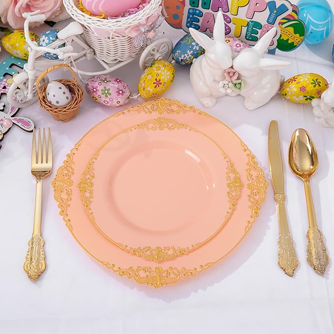 125PCS Peachy Pink Plastic Plates - Elegant Pink and Gold Dinnerware Set - Heavy Duty Disposable Plates with Gold Silverware Sets for 25 Guests for Wedding & Valentine's Day & Bridal Shower