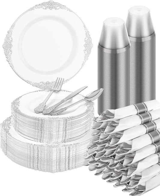 Goodluck 350 Piece Silver Plastic Dinnerware Set for 50 Guests, Fancy Disposable Plates, Include: 100 Silver Rim Plastic Plates, 150 Silverwares, 50 Pre Rolled Napkins, 50 Cups for Party, Wedding