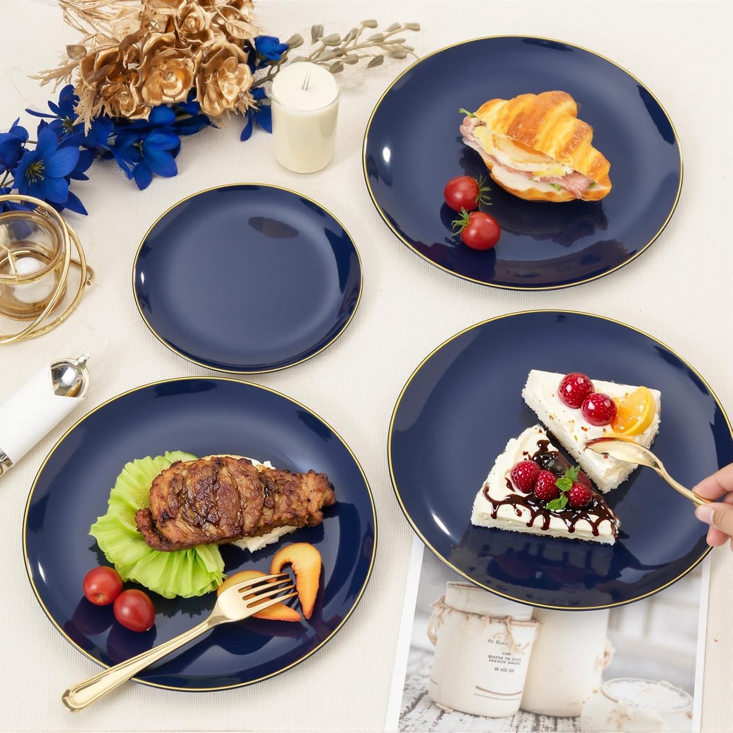 KIRE 175Pcs Blue Plastic Plates - Navy Blue Plates Disposable - 25 for Dinner 25 for Dessert 25 Pre Rolled Napkins with Gold Plastic Silverware and 25 Cups for Birthday Party/Wedding