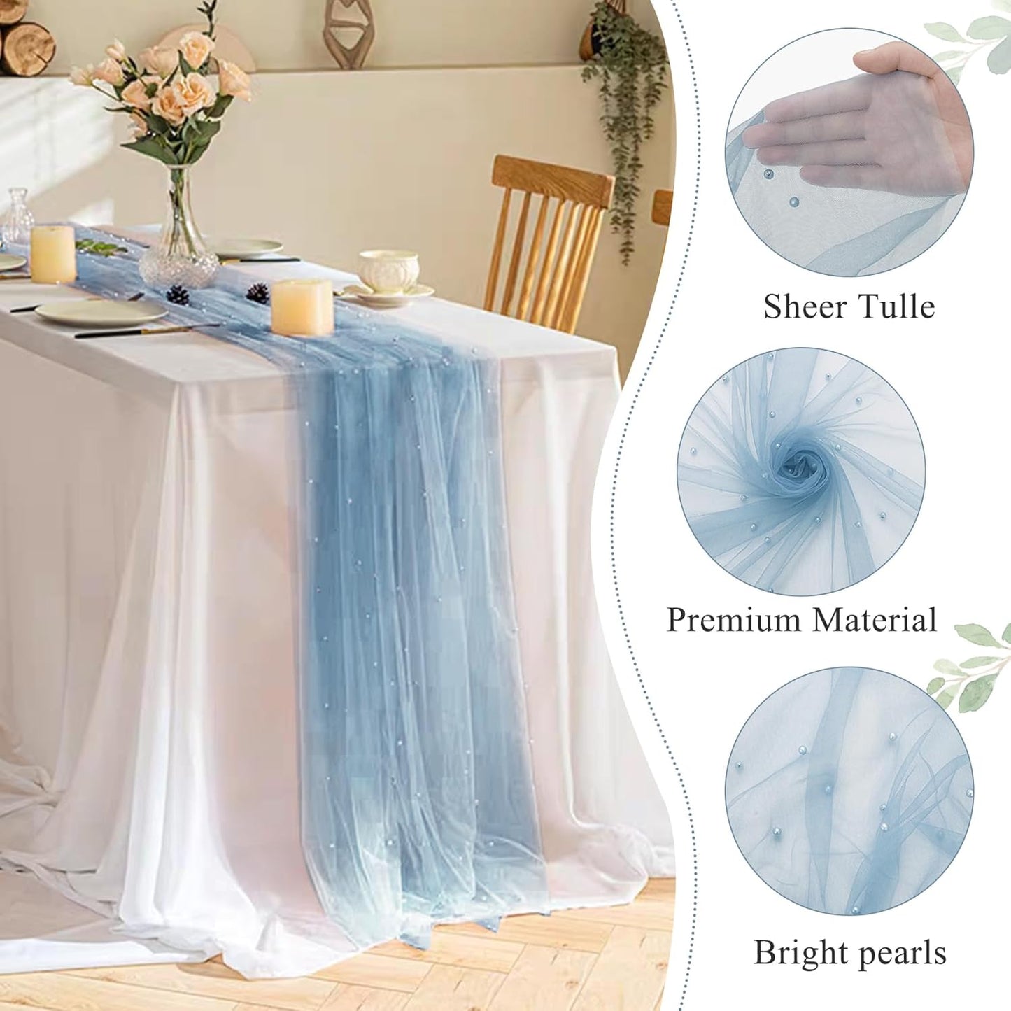 Pearl Table Runner 29 x 120 Inch Tulle Fabric Lace Table Runners Boho Rustic Tablecloth for Bridal Shower Birthday Party Wedding Arch Aisle Veil Dessert Table Decor(1 Pack, Dusty Blue)