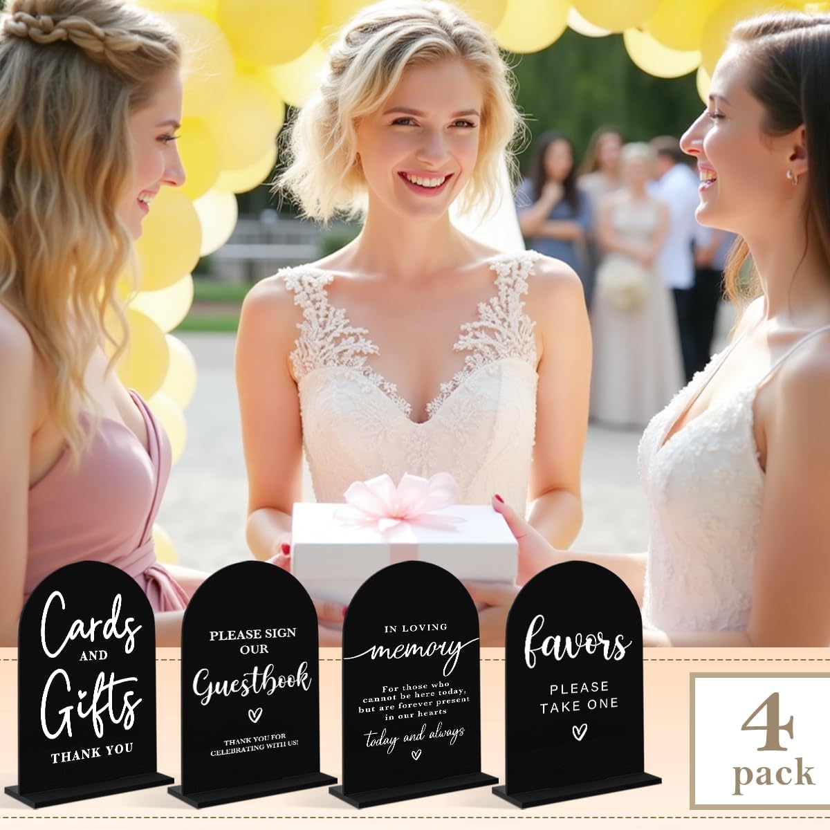 4 Pcs Acrylic Wedding Signs for Ceremony and Reception, Bridal Shower Decorations, Cards and Gifts Signs, Guest Book Sign, Arch Acrylic Table Top Sign with Holder for Wedding Reception (Black)