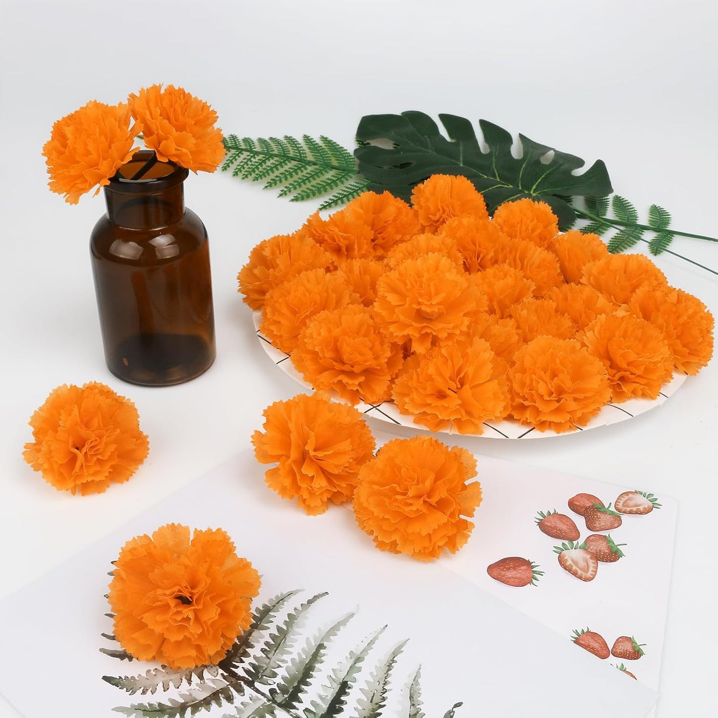 50 Pcs Artificial Marigold Flowers,2" Silk Marigold Flower Heads with Stems,Orange Flowers Artificial for Diwali Decor,Indian Wedding,Home,DIY Wreath Garland,Day of The Dead Decorations