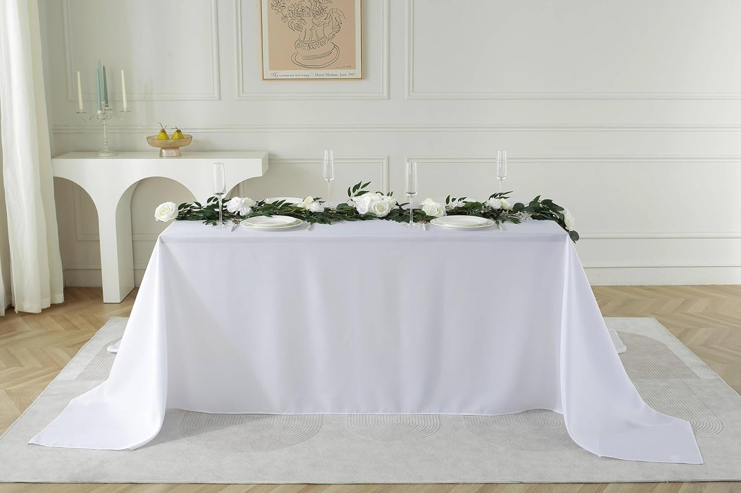 Craft And Party Rectangle Tablecloth, 90 x 132 Inch White Tablecloth, 8ft Rectangle Table Cloth, Polyester Fabric Washable Tablecloth for Home, Party, Wedding or Restaurant Use.