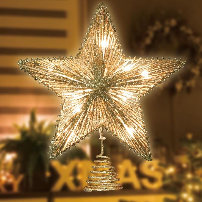 LAMPHOME 14" 10L Lighted Gold Glitter Thread Christmas Star Tree Topper,Warm White