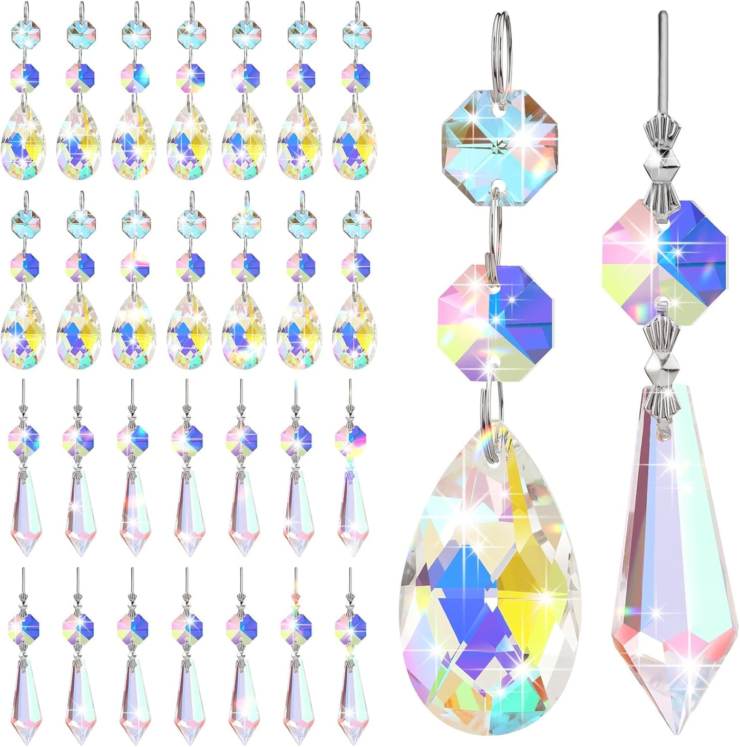 24 Pcs Chandelier Crystal Replacement 38 mm Teardrop & Icicle Crystal Prisms Hanging Gems Parts for Lamps and Chandeliers Suncatcher Christmas Tree Windows Home Decor (Colorful)
