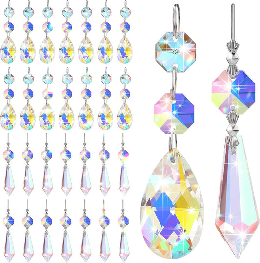 24 Pcs Chandelier Crystal Replacement 38 mm Teardrop & Icicle Crystal Prisms Hanging Gems Parts for Lamps and Chandeliers Suncatcher Christmas Tree Windows Home Decor (Colorful)