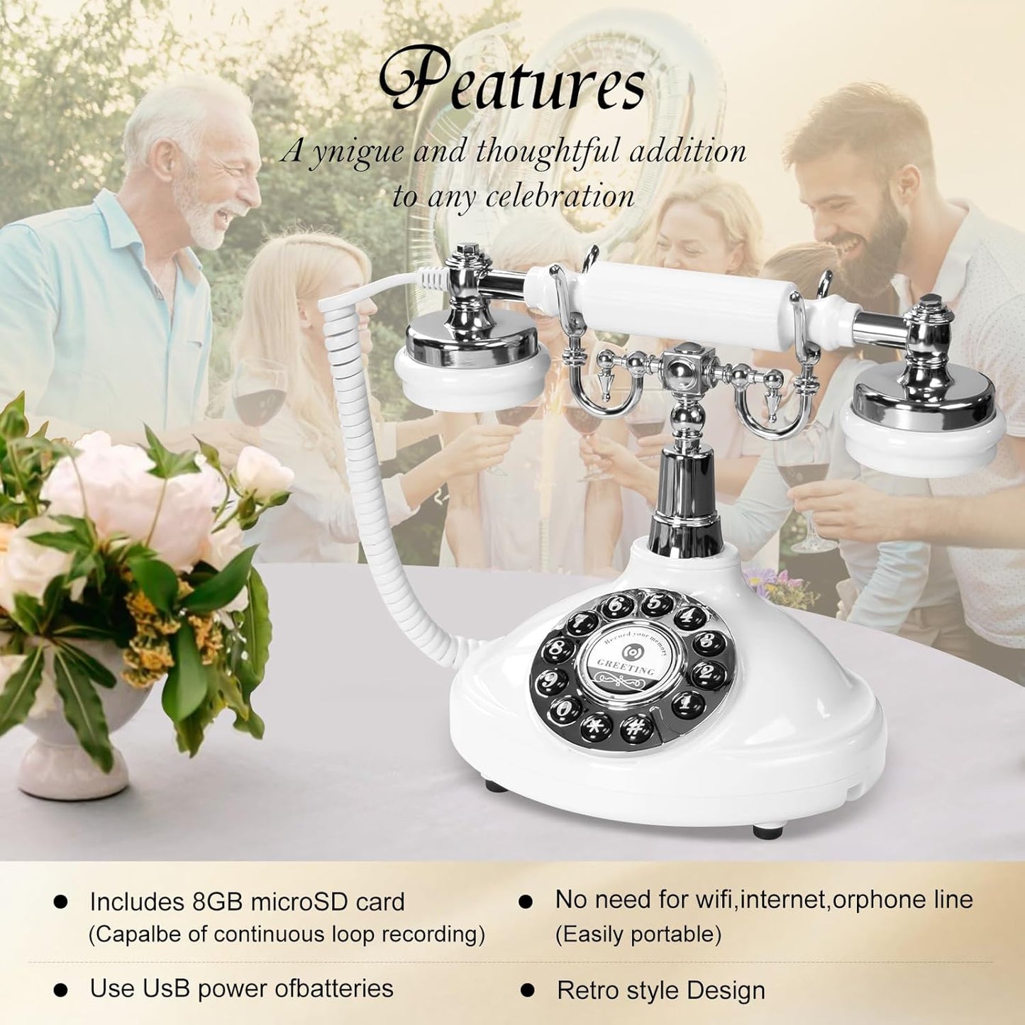 Audio Guest Book Wedding Phone,Audio Guestbook Phone Vintage Style Audio Message Voicemail for Graduation Retirement Party Birthdays Baby Shower Special Occasions (White)