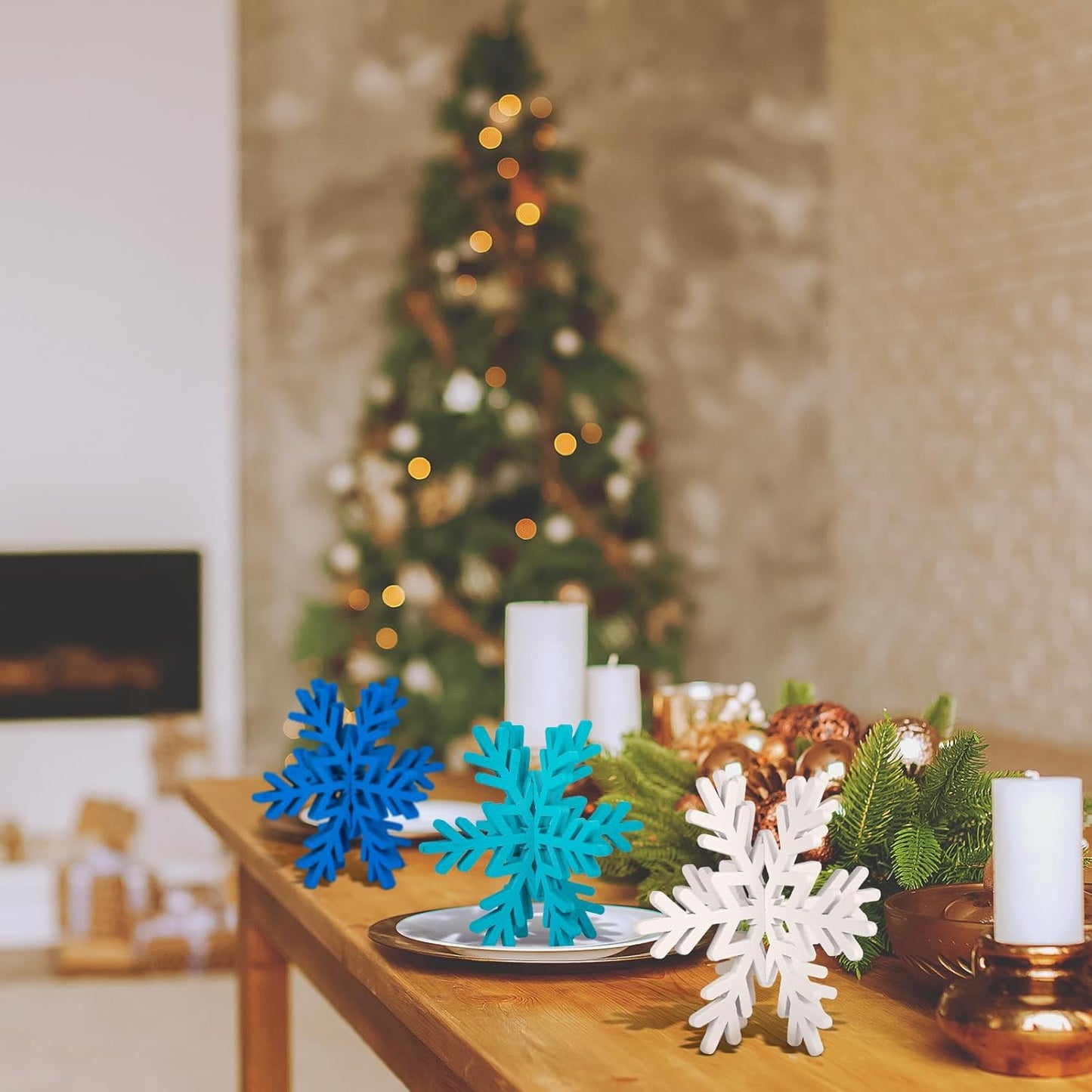 Qunclay 20 Pcs Wooden Snowflake Decorations 3D Snowflake Tabletop Decor Christmas Signs and Centerpiece for Winter Wonderland Decorations Xmas Tiered Tray Decor(Dark Blue, Light Blue, White)