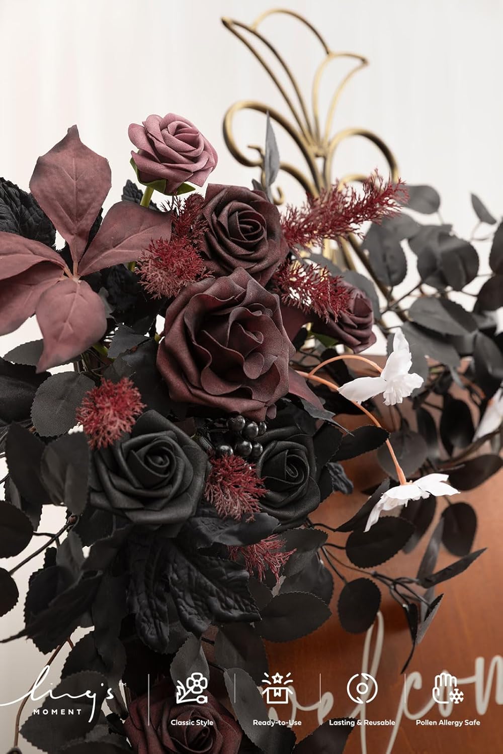 Ling's moment 2pcs Wedding Flowers Garland Artificial Floral Swag Arch Decorations Greenery Arrangements Black & Burgundy Ceremony Reception Garden Easel Wall Entryway Outdoor NOT Include Sign