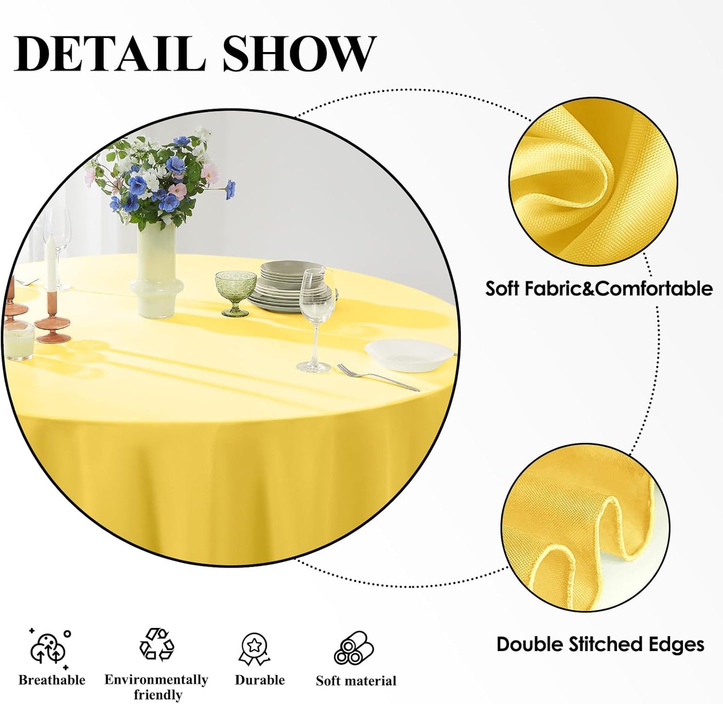 Round Tablecloth 2 Pack 90 Inch Yellow Tablecloths Washable Decorative Linen Polyester Table Clothes Cover for Dining Table Banquets Buffet Parties and Wedding